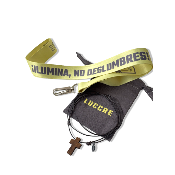 Pack cruz madera + lanyard lema