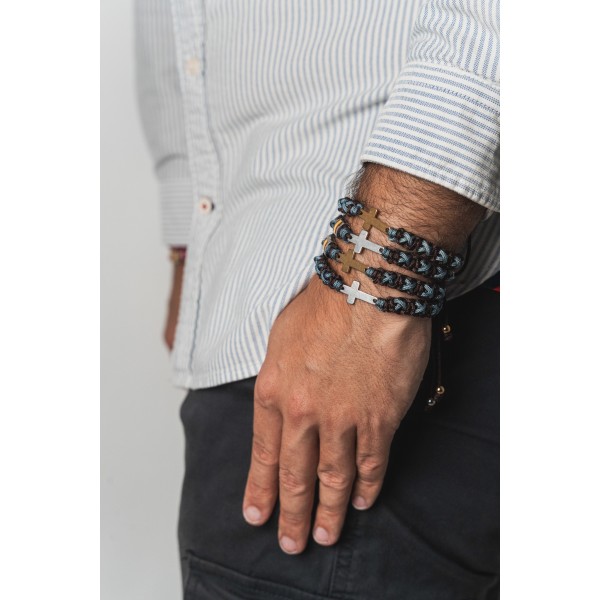 Pulsera cruz marrón y azul plomo 2