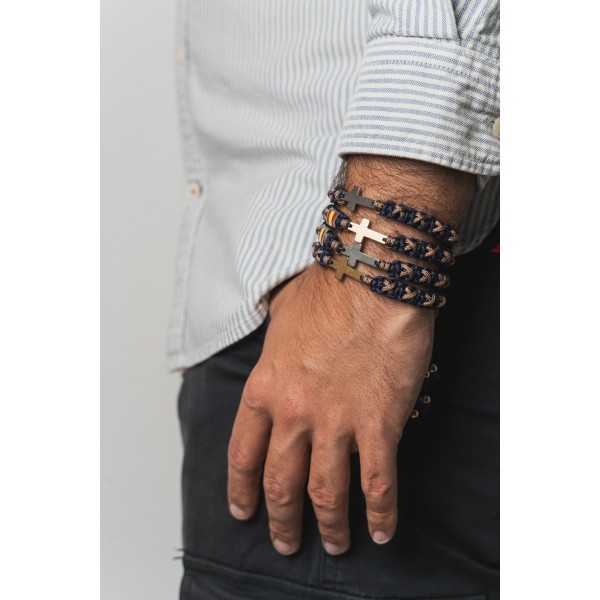 Pulsera cruz azul marino y camel