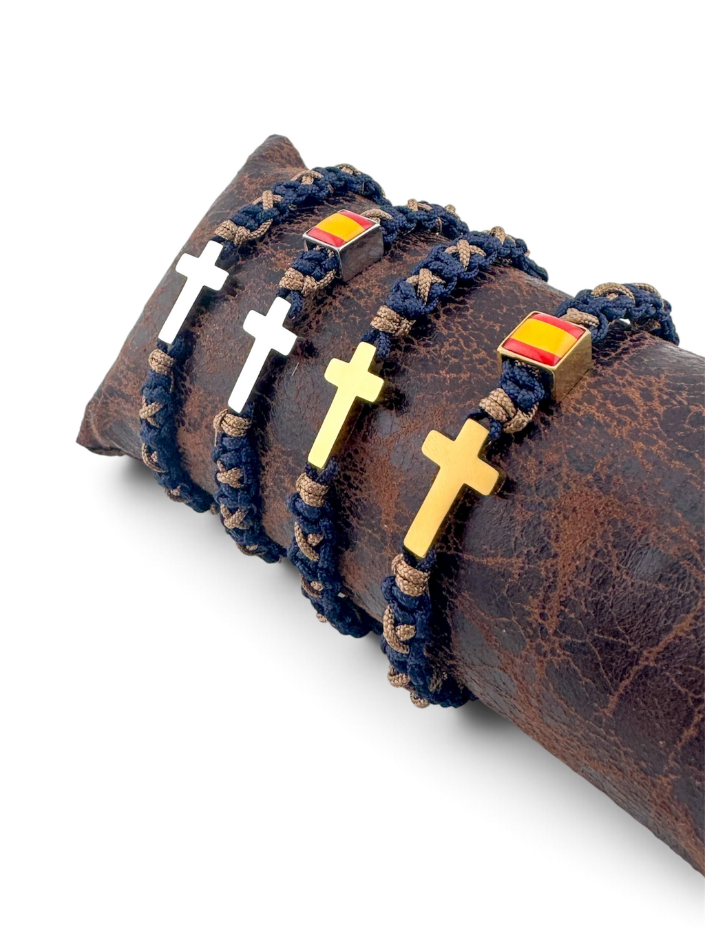 Pulsera cruz azul marino y camel